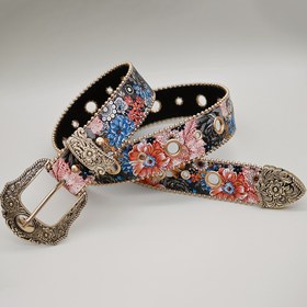 Resim Kadınlar İçin Vintage Çiçek Desenli Çok Renkli Metal Tokalı Kemer, Ayarlanabilir Bel Boyutu 50-110cm, SML Beden Tablosu Dahil 