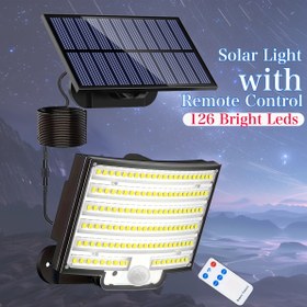 Resim Hareket sensörlü mod ile donatılmış, 126 LED boncuk içeren, sundurma ve bahçe aydınlatması için uygun tek bir dış mekan güneş enerjili ışık. Üç aydınlatma modu sunar, 5 metrelik bir uzatma kablosu ve bir uzaktan kumanda ile birlikte gelir ve su geçirmezlik derecesine sahiptir, bu da onu günlük dış mekan, sokak, avlu ve koridor aydınlatması için ideal hale getirir. 