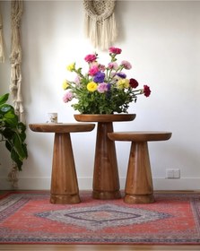 Resim AYLESA Doğal Ahşap 3’lü Set Mantar Yan Sehpa Modern Ceviz Renk Fiskos Zigon Çiçeklik 