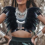 Resim Yetişkinler, plaj, gece, hafta sonu rahat, festivaller, spor, düğün, parti, kolej, günlük yolculuklar için gotik ve punk tarzı tüyü omuz şalı, kemer seti, boş, ortalama boyut, tekstil dışı malzemeler, tavuk tüyleri, yıkanmaz 