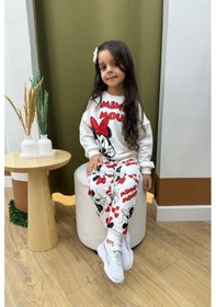 Resim Lolliboomkids Yeni Sezon Kız Çocuk Karakter Baskılı Ekru - Kırmızı Renk Alt Üst Eşofman Takımı 2 İplik Çok Renkli 