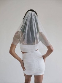 Resim JetDukkan Kısa Incili Duvak - Gelin Gelinlik Için, Nikah, Duvağı,tül, Kırık Beyaz 