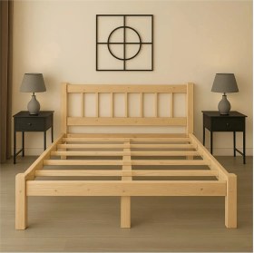 Resim Pinoxi 180CM x 200CM Doğal Masif Ahşap Yuvarlak Çıtalı Başlıklı Karyola Doğal Ahşap Natural Renk 
