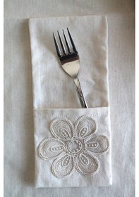 Resim Çiçek Dantelli Krem Keten Kaşıklık Servis Sunum Table 6 Adet Krem 