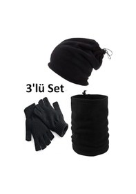 Resim Eke Tekstil 3'lü Set Soğuk Geçirmez Termal Polar Boyunluk Bere ve Örgü Kesik Eldiven Siyah 
