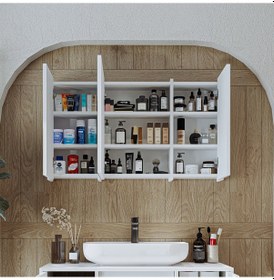 Resim Banyo Dolabı Kulpsuz 3 Kapaklı Mdf 105 Cm Aynalı Banyo Üst Dolabı Mat Beyaz 