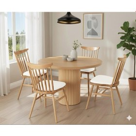 Resim Doğal Ahşap Yuvarlak Nova Yemek Masası Takımı 4 Kişilik Modern Scandinavian Stil Naturel Beyaz 