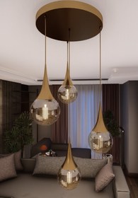 Resim avizade Liora Modern Eskitme Metal Avize - Bal Cam, 4'lü Sarkıt, E27 Duy, Dekoratif Aydınlatma 