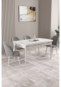 Resim Milas Beyaz Mermer Desen 80x132 Mdf Açılabilir Yemek Masası Takımı 4 Adet Sandalye Gri 