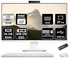 Resim ASUS V470 i7 13620H 24GB 256GB SSD 27" FHD 100Hz FDOS All in One Bilgisayar Beyaz & PER4 USB Bellek 