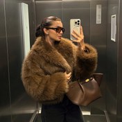 Resim PEACHYZL Kadın Şık Suni Kürk Mont - Kalınlaştırılmış Kışlık Ceket, Peluş Astarlı, Bol Kesim Uzun Kollu Sonbahar/Kış Montu, KahverengiKırmızı/ 