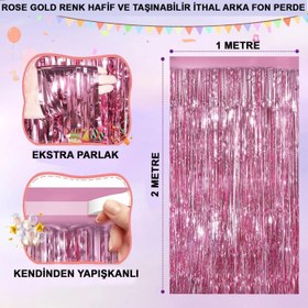 Resim Ekstra Metalize Parlak Saçaklı Arka Fon Perde Rose Gold 