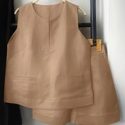 Resim Kadınlar için Rahat Yazlık Set - Cebi ve Eşleşen Şortlu Bej Kolsuz Yelek, Hafif Polyester Karışımı, Makine Yıkanabilir, Rahat Kıyafetler için Mükemmel, Bayan Şortları 