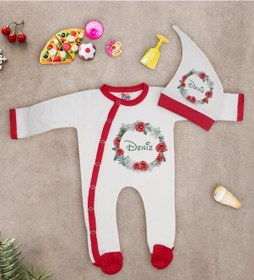Resim Bk Kids Kişiye Özel Çiçek Tasarımlı Kırmızı Tulum Zıbın Ve Kukuletalı Şapka Seti-7 Çok Renkli 