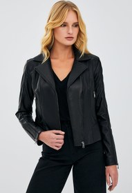 Resim Kiara Kadın Siyah Slim-fit Biker Deri Ceket - Siyah / XL 