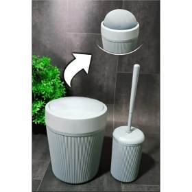 Resim Bazaragel Gri Banyo Çöp Kovası Seti 2'li Akrilik Set Tuvalet Fırçası ile Modern Tasarım 