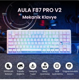 Resim Aula F87 Pro V2 Mekanik Rgb Tkl Star Vector Switch Kablosuz Makrolu Hot Swap Klavye Desenli Beyaz 