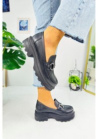 Resim Günlük Kadın Loafer V Tokalı Kalın Topuklu Tırtıklı Tabanlı Oval Burunlu Makosen Ayakkabı 7455 - 7453 7453-siyahcilt 
