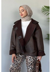 Resim Prifaldi Zr Kadın İçi Kürklü Oversize Süet Deri Mont Kahverengi 