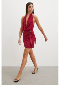 Resim Uterpe Halter Yaka Derin V Dekolteli Mini Elbise Bordo 