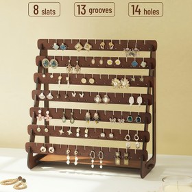 Resim Vintage Ahşap Küpe Saklama Kutusu & Sergi Rafı - 8 Katlı Takı Organizatörü, 14 Oluklu, 8 Kancalı ve Çıkarılabilir Tepsili - Kolay Kurulum Kahverengi Masaüstü Takı Kulesi için Küpeler, Halkalar, Kolyeler, Klasik Şık Tasarım, Sağlam Yapı 