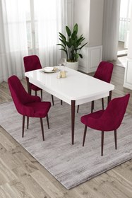 Resim Canisa Eta Serisi, Beyaz Masa Kahve Ayak 80x132 Mdf Açılabilir Mutfak Masa Takımı, 4 Mürdüm Sandalye 
