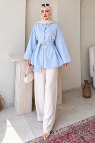Resim Tesettür Diyarı Dekta Cotton Kumaş Broş Kemerli Tesettür Gömlek- Mavi Standart (38-42 Uyumlu) 