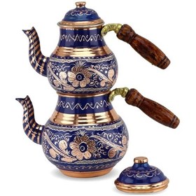 Resim Gül Çiçek Mavi Küçük Bakır Çaydanlık 1,4 Lt 