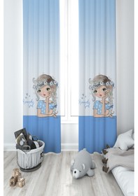 Resim Mekta Home Bebek Ve Çocuk Odası Romantic Girl Desenli Mavi 2 Kanat Fon Perde 