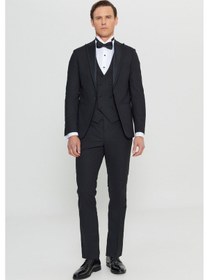 Resim AC&Co / Altınyıldız Classics Erkek Sıyah Yünlü Slim Fit Dar Kesim Çıkma Kırlangıç Yaka Cepli Yelekli Damatlık Smokin Takım Siyah 