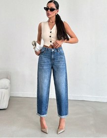 Resim Kadın Bilek Boy Mom Fit Kot Pantolon Mavi Mavi 