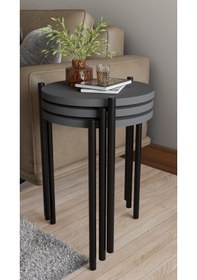 Resim 3'lü Yuvarlak Zigon Sehpa Seti Metal Ayaklı Salon Oturma Odası Yan Sehpa - Kahve Sehpası Antrasit 