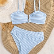 Resim Yüksek Bel Mavi Çizgili Bikini 