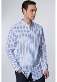 Resim Tudors Slim Fit Uzun Kollu Dar Kalıp Çizgili Hakim Yaka Kol Katlamalı Keten Doku Yazlık Erkek Gömlek-30959-çok Renkli Çok Renkli 