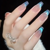 Resim 10 adet Kedi Gözü Mavi Yapışkanlı Sahte Tırnaklar, bir jel yapıştırıcı ve bir tırnak törpüsü ile 