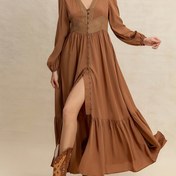 Resim Rusttydustty Kadınlar için Bohem Vintage Kırmızı Dantel Detaylı V-Yaka Düğmeli Puf Kollu ve A-Line Etekli Elbise - Müzik Festivalleri, Plaj Tatilleri, Günlük Kullanım İçin Hafif Nefes Alabilir Makinede Yıkanabilir, Şeffaf Olmayan Kumaş 