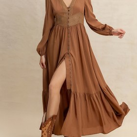 Resim Rusttydustty Kadınlar için Bohem Vintage Kırmızı Dantel Detaylı V-Yaka Düğmeli Puf Kollu ve A-Line Etekli Elbise - Müzik Festivalleri, Plaj Tatilleri, Günlük Kullanım İçin Hafif Nefes Alabilir Makinede Yıkanabilir, Şeffaf Olmayan Kumaş 