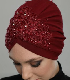 Resim Elysianfidan Kopma Astarlı Işlemeli Bordo Dantel Motifli Hazır Türban Tesettür Abiye Bone Bordo Dantel 