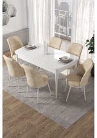 Resim Canisa Kor Serisi, Beyaz Açılabilir 70x114 Yemek Masa Takımı 6 Krem Sandalye Masa Beyaz Sandalyeler Krem 