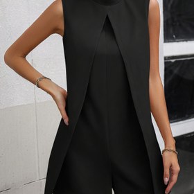 Resim Şık Kolsuz Tulum, Sahte İki Parçalı Tasarım - Rahat Polyester, Fermuarlı Arka, Makinede Yıkanabilir - İlkbahar/Sonbahar İçin Mükemmel 