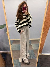 Resim OUZ Fashion Kadın Bel Lastikli Yırtmaç Detaylı Geniş Paça Keten Pantolon 