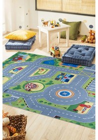 Resim Dijital Baskı Makinada Yıkanabilir Kaymaz Taban Dekoratif Çocuk Odası Halısı 9028 Mavi 