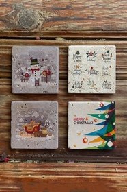 Resim Oscar Stone Decor Yeni Yıl Yılbaşı Baskılı Doğal Taş Bardak Altlığı 4'Lü Set Tile Yba-028 