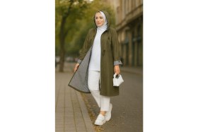 Resim Azmmoda Bondit Kumaş Içi Çizgili Kapüşonlu Astarsız Uzun Yağmurluk 