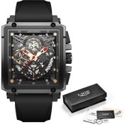 Resim Hanyang Tüm Siyah 2022 Yeni Erkek Saatler Lıge Üst Marka Lüks Su Geçirmez Kuvars Kare Erkekler Için Tarih Spor Içi Boş Saat Erkek Relogio Masculino (Yurt Dışından) 