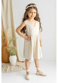 Resim Oliven The Kid Oliventhekid Bej Naturel Keten Pileli Kolsuz Anvelop Yanlardan Bağcıklı Kız Çocuk Tulum Bej Bej 