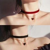 Resim Kalp Kolye Detaylı 2 Parça Kadife Kolye Seti, Şık ve Seksi Kaplama Yapılmamış Takı, Kadınlar İçin Günlük Kullanım ve Sevgililer Günü Hediyesi İçin İdeal, Tüm Mevsimler İçin Polyester 