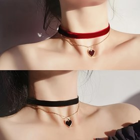 Resim Kalp Kolye Detaylı 2 Parça Kadife Kolye Seti, Şık ve Seksi Kaplama Yapılmamış Takı, Kadınlar İçin Günlük Kullanım ve Sevgililer Günü Hediyesi İçin İdeal, Tüm Mevsimler İçin Polyester 