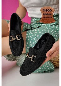 Resim Muggo Phuket Garantili Metal Tokalı Lazerli Nefes Alabilen Deri Kadın Loafer Günlük Ayakkabı Siyah 