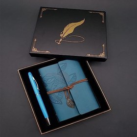 Resim Siyah Kutulu Yaprak Desenli Mavi Deri Defter Ve Kalem Seti 
